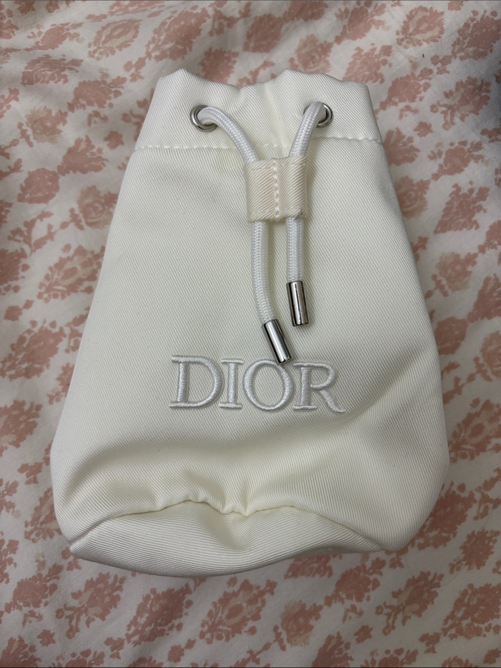 Dior Ivory Drawstring Cosmetic Pouch with Embroidered Logo
